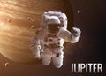 Astronaut exploring space in Jupiter orbit